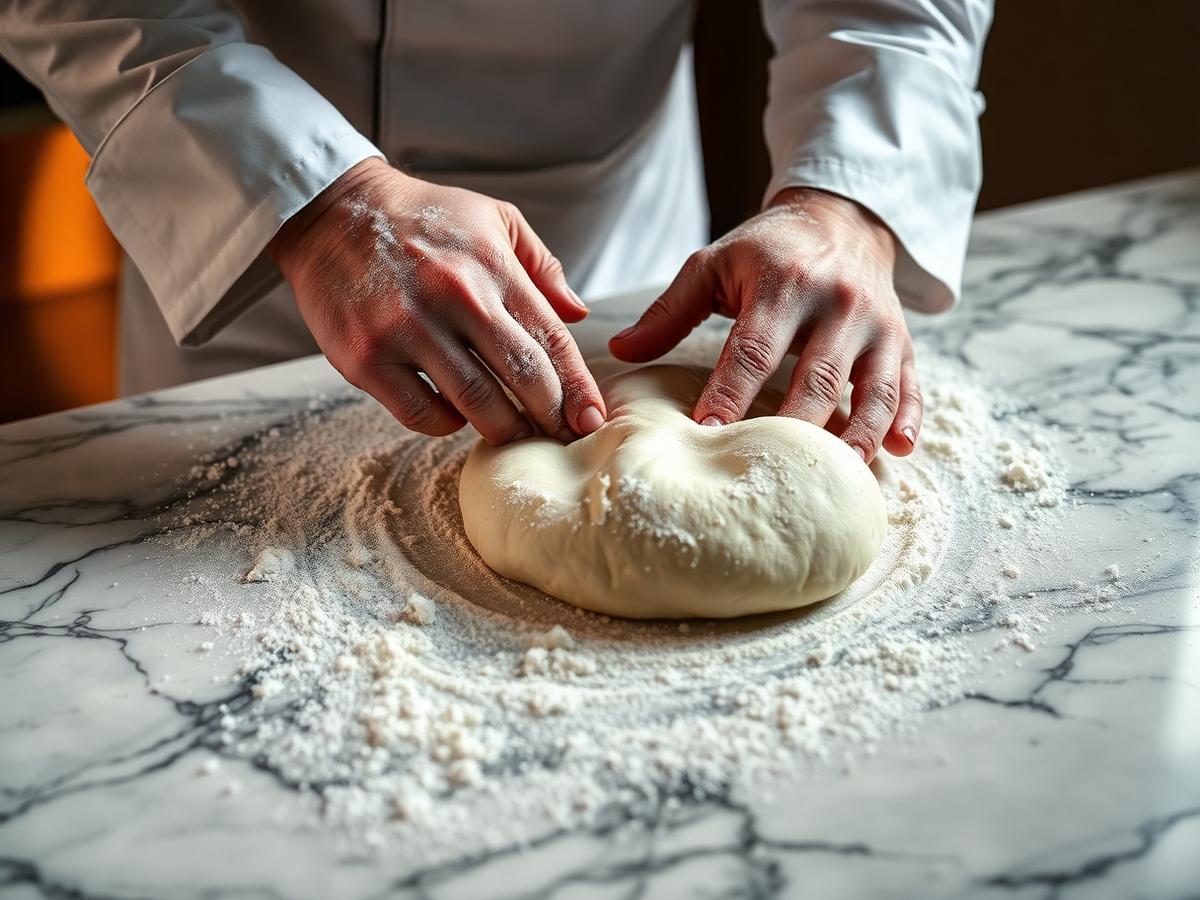 Chef's floured hands kneading pizza dough on marble
